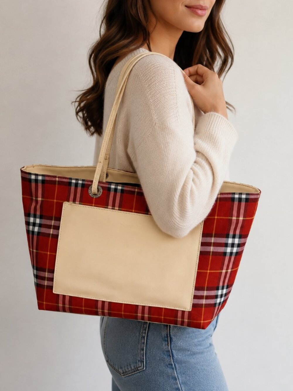 Burberry Women’s Vintage Nova Check Tote Patch Pocket Bag with Cream Accents
